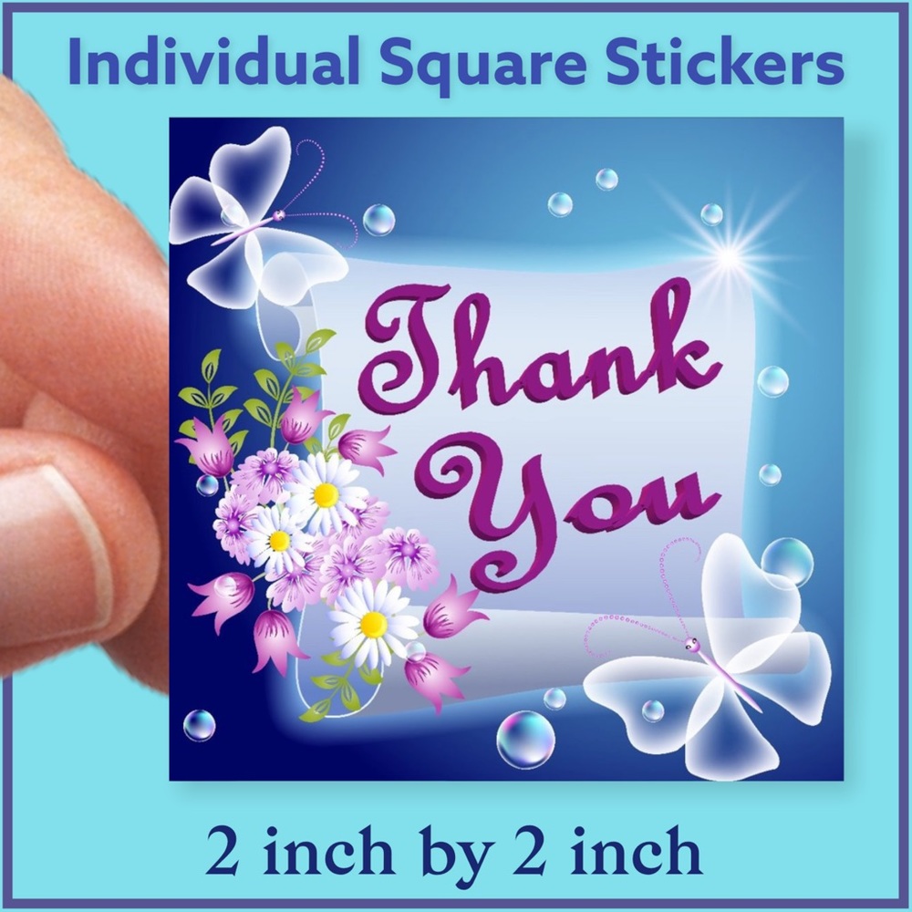 100 (2x2 Inch) Square Stickers, Butterfly , Flowers , High Gloss, Thank You - Picture 2 of 3